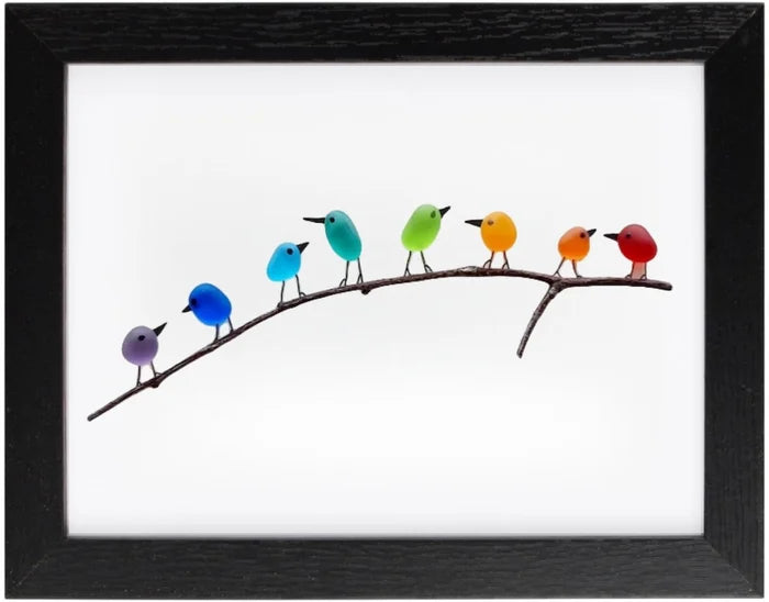 Sea Glass Rainbow Birds - Framed Unique Handmade