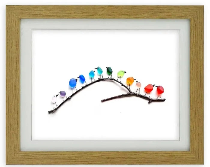 Sea Glass Rainbow Birds - Framed Unique Handmade