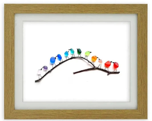 Sea Glass Rainbow Birds - Framed Unique Handmade