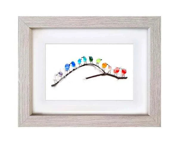 Sea Glass Rainbow Birds - Framed Unique Handmade