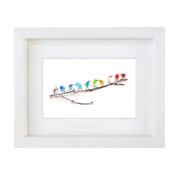 Sea Glass Rainbow Birds - Framed Unique Handmade